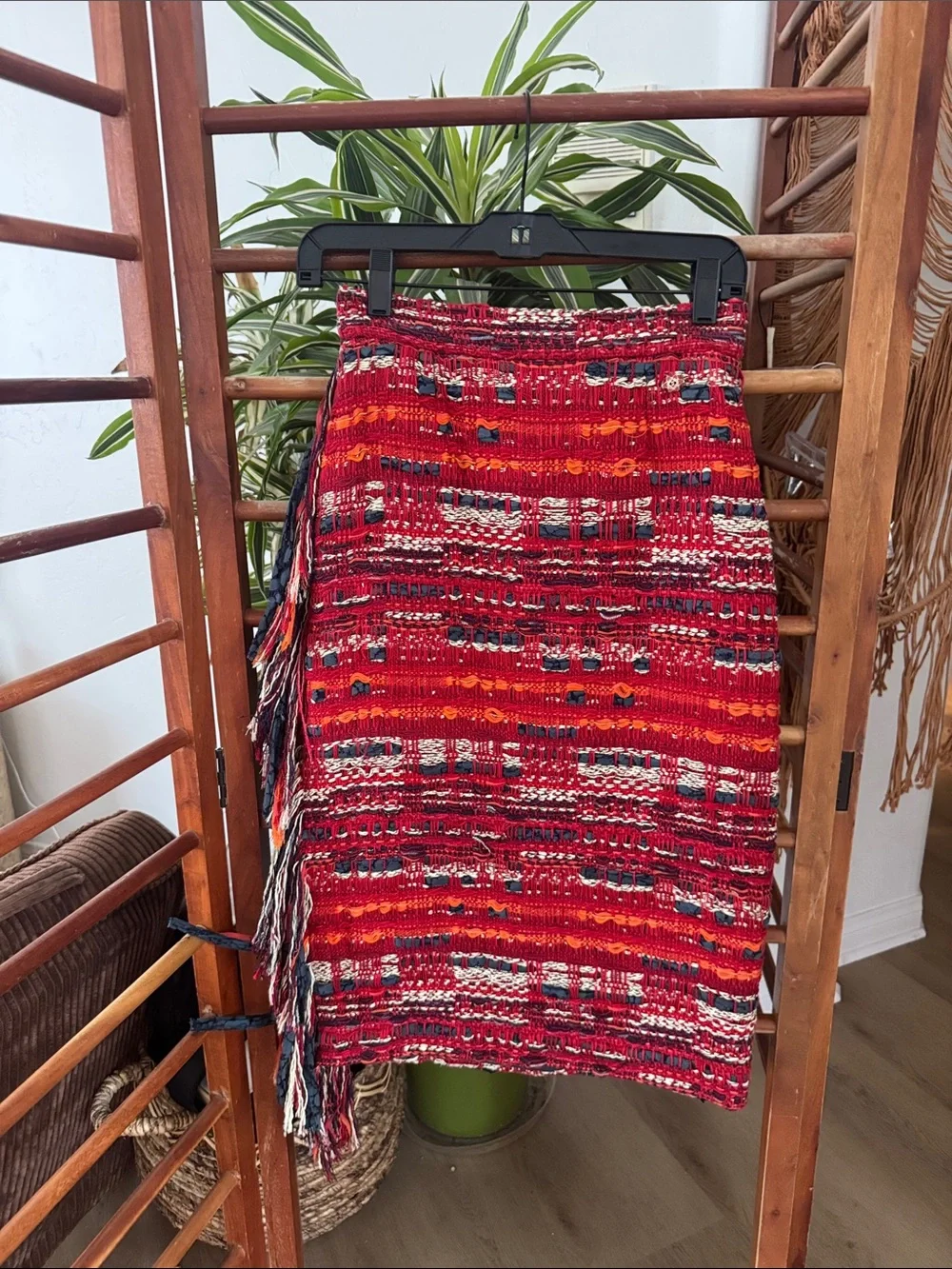 Chanel Runway Look Fringe Tweed Red Multicolor Midi Skirt with Slit 36
